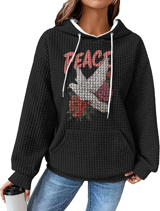 domirica Black Pullover Sweatshirts For Women Trendy Long Sleeve Waffle Sweatshirt With Hood Comfy Fall Clothing Qutfits