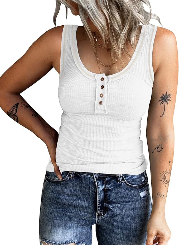 KINLONSAIR Women's Sleeveless Henley Tank Tops Ribbed V Neck Button Down T Shirts Summer Slim Fit Tee Tops