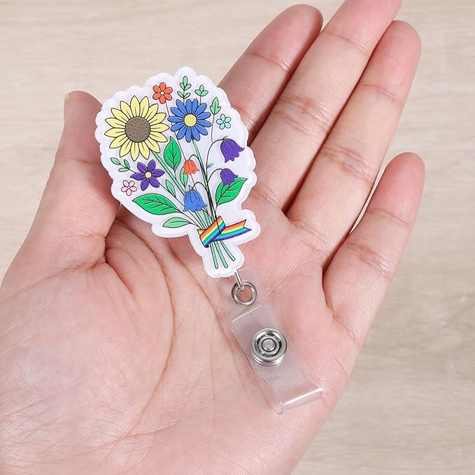 LGBTQ Rainbow Flower Funny Nurse Badge Reel, Cute Gay Pride Retractable ID Card Badge Holder with Alligator Clip, Name Tag Medical Badge Buddy for Nurse Nursing Student Doctor Friend Office Workers