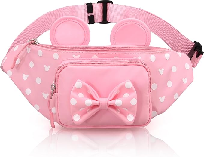 Pink Fanny Pack for Women Teen Girls Mini Mouse Fanny Pack Cute Bowknot Polka Dot Waist Pack Outdoor Travel Waist Bag Cartoon Hiking Belt Bag Bum Bags with Mouse Ears