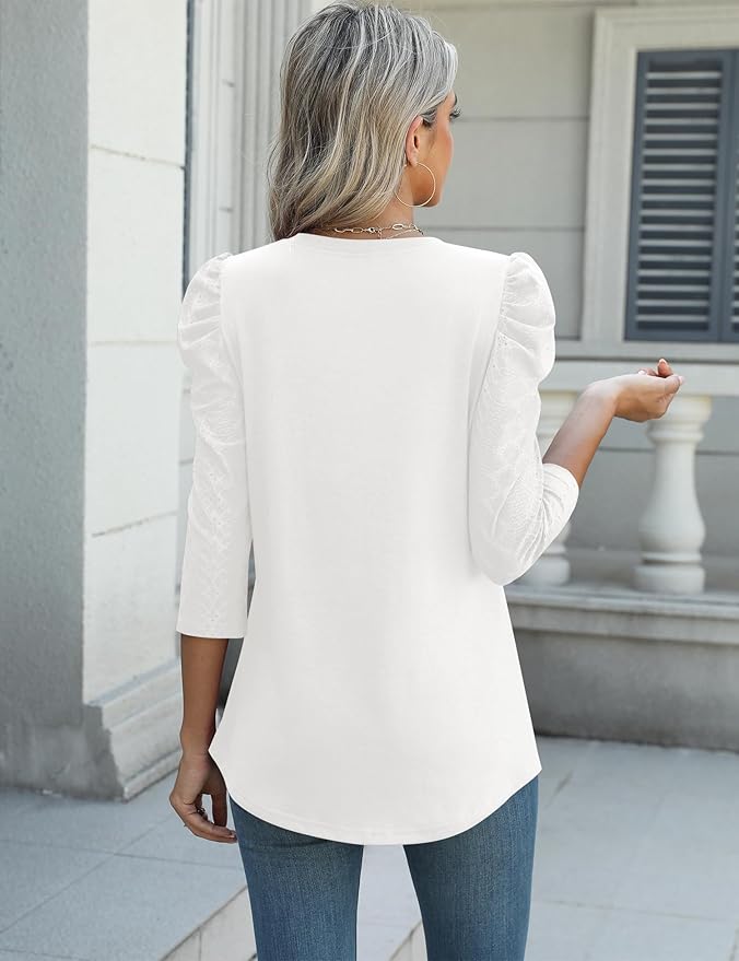 Ivicoer 3/4 Length Sleeve Womens Tops Summer Spring Tops for Women 2025 Puff Lace Sleeve Shirts Blouses