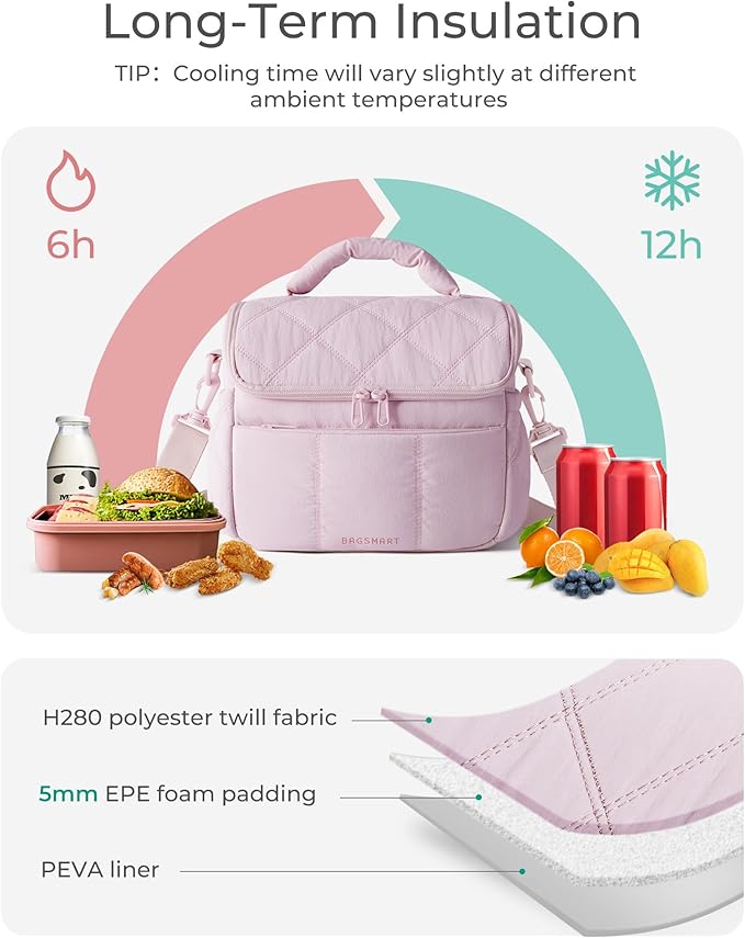 BAGSMART Insulated Lunch Bags for Women, Cute Quilted Lunch Box, Lightweight Puffy Padded Waterproof Lunch Tote, Reusable Lunch Cooler for Work Picnic Travel, Dark Pink