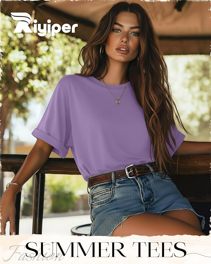 Riyiper 3 Pack Women's Oversized T-Shirt Half Sleeve Summer Tees Casual Loose Fit Crew Neck Basic Tops