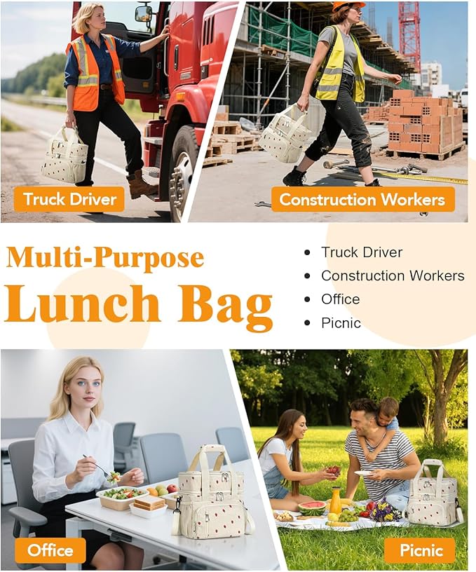 Insulated Lunch Bag for Men & Women, 9L Leakproof Lunch Box Soft Cooler Tote with 5 Pockets, 600D Oxford, EVA Lining, Adjustable Strap for Work, Picnic, Beach&Travel - Corduroy Cue Strawberry