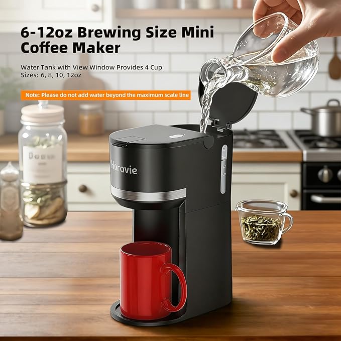 Horavie Mini Single Serve Coffee Maker for K Cup and Ground Coffee, Fast Brew One Cup Coffee Machine with Descaling Reminder and Water Window, 6 to 12 oz. Brew Sizes, Black