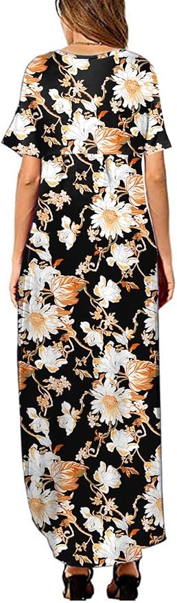 Arolina Women's Summer Maxi Dress Short Sleeve V Neck Casual Loose Long Beach Split Dresses with Pockets