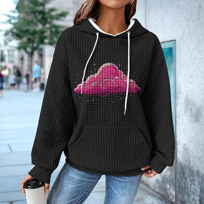 domirica Black Pullover Sweatshirts For Women Trendy Long Sleeve Waffle Sweatshirt With Hood Comfy Fall Clothing Qutfits