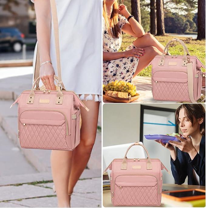 AIJIEKE Lunch Bag for Women, Leakproof & Insulated Work Lunch Box Tote, Reusable Adult Cooler Bag with Water Bottle Side Pocket & Removable Shoulder Strap, Pink