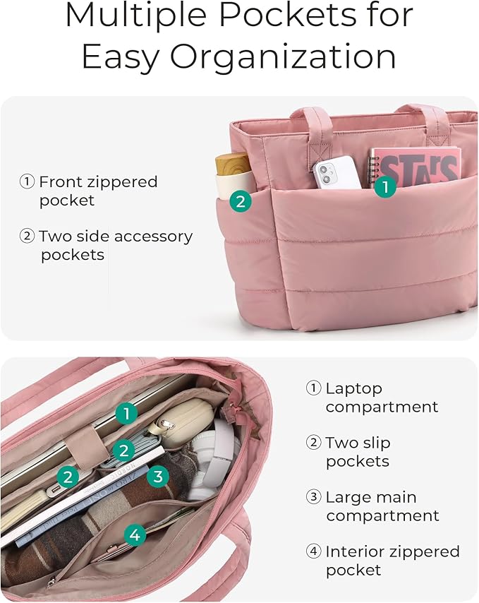 BAGSMART Tote Bag for Women, Lightweight Puffy Tote Bag with Compartments Shoulder Bag Handbag for Travel, Work, Gym | Lightweight, Puffy, Tote Bag with Compartments, Quilted, for Travel, Work