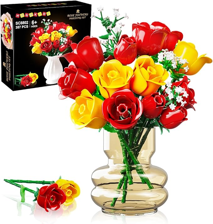 HOGOKIDS Flowers Bouquet Building Set with Lights - 16 Roses Bouquet Botanical Building Blocks Artificial Red Roses Flower for Home Decor Birthday Valentines Gifts for Adults Girl - 387PCS (Yellow)