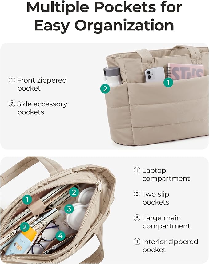 BAGSMART Tote Bag for Women, Lightweight Puffy Tote Bag with Compartments Shoulder Bag Handbag for Travel, Work, Gym | Lightweight, Puffy, Tote Bag with Compartments, Quilted, for Travel, Work