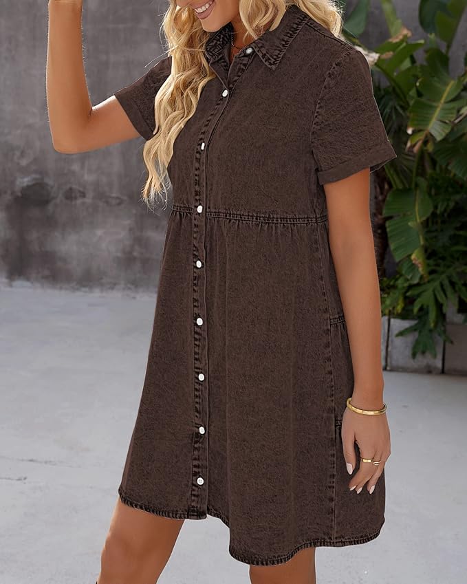 LookbookStore Women's Short Sleeve Button Down Flowy Tiered Babydoll Denim Dress