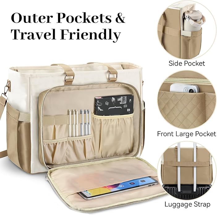 Teacher Tote Bag for Women,Multi-Pocket Laptop & Nurse Work Bag with Cup Holder,Structured Business Briefcase Computer Purse