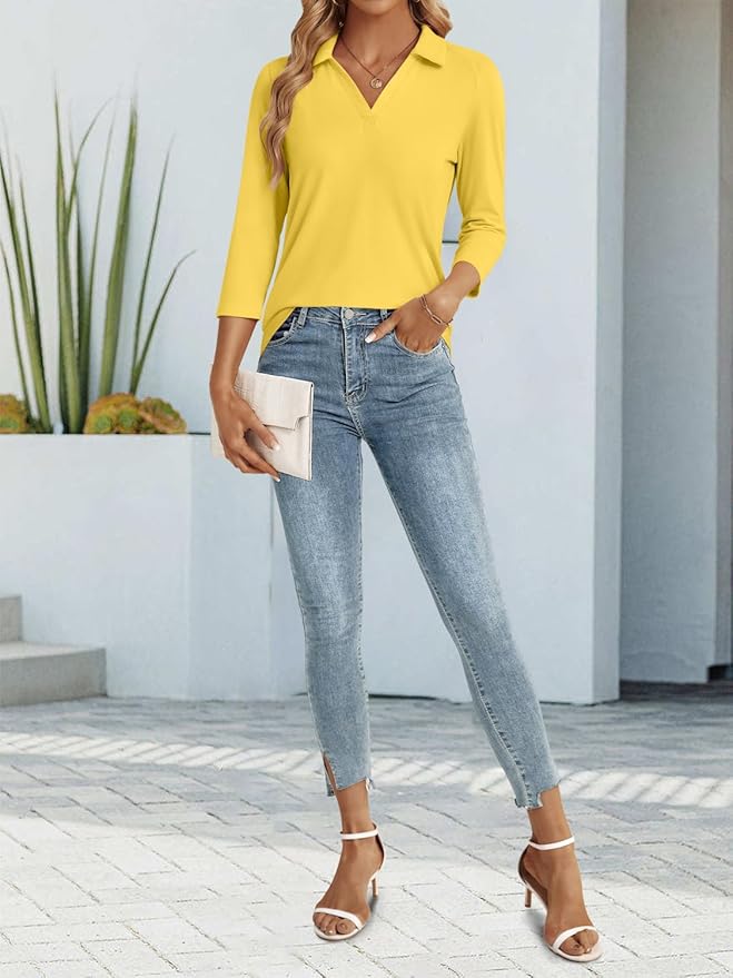 3/4 Length Sleeve Womens Tops Dressy Casual V Neck Polo Shirts Business Work Blouses 2025 Trendy Tunic Top