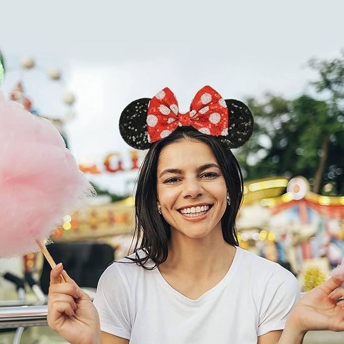 LIHELEI Mouse Ears Headband with Sequin Bows, Headbands for Kids Halloween Costume, Headwear Hair Accessories for Women Girls - Red and Black Headband-B