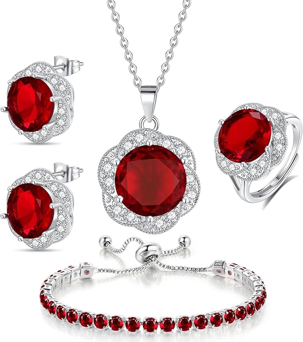 kai bao city 4pcs Set large size Zirconia Flower Pendant Necklace Earrings Ring Tennis Bracelet Set Silver Crystal Fashion Adjustable Jewelry for Women Wife Party Prom Wedding Gifts