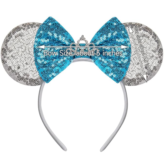 RAZKO Sequin Mouse Ears Headband, Cinderella Silver Blue Mice Ears Hairband Princess Headband for Women Girls Hair Accessories (Silver-Crown)