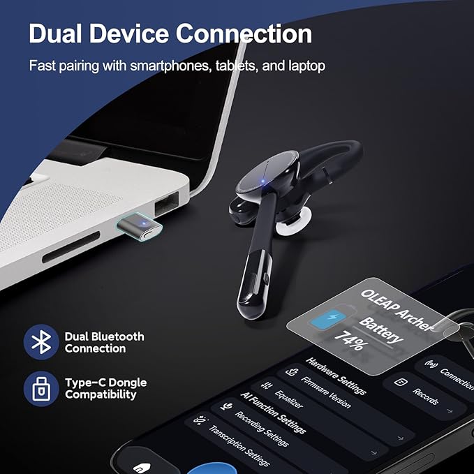 Archer AI Voice Recorder Earpiece, Wireless Single Ear Bluetooth Headset, Meeting Assistant with Transcription, AI Noise Canceling 50dB, AI Transcribe & Summarize with App for Office/Meeting/Driving
