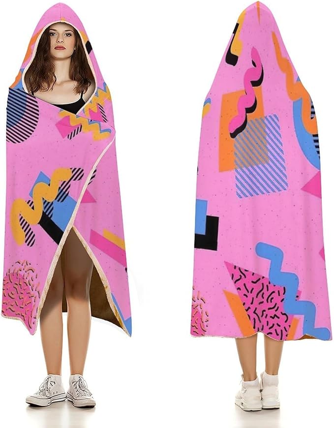 80s 90s Vintage Retro Wearable Blanket Flannel Hooded Blankets Soft Warm Blanket Hoodie for Room Couch Bed Office