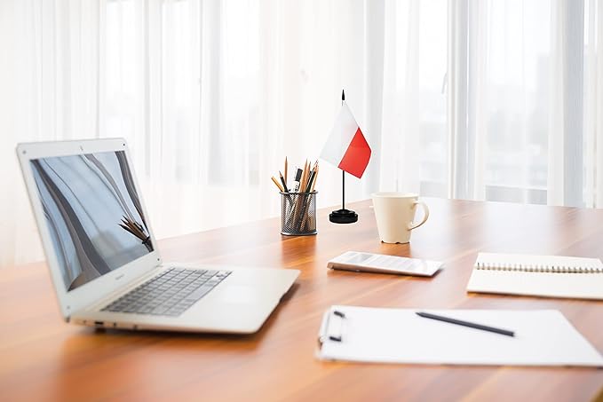 USA American & Poland Polish Desk Flags, US Poland Table Flag, Small Mini American & Polish Twin Table Office Flag, Miniature Polish and US Desktop Flag With 13" Solid Black Pole, Black Base