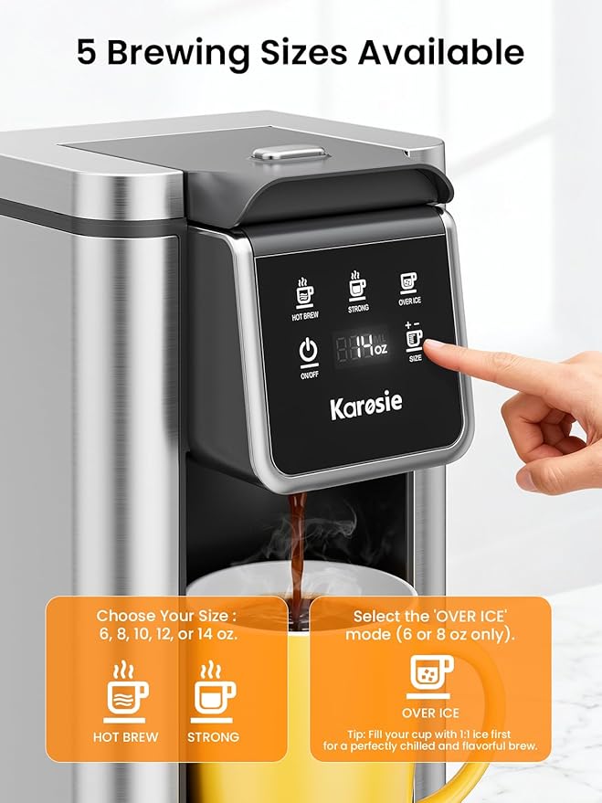 Karosie K Cup Coffee Maker with Strong Brew Setting, 50oz Removable Tank, 6-14 oz Brew Sizes Hot & Iced Coffee Machine for K-Cup and Grounds, Descaling Reminder, Stainless Steel,Black
