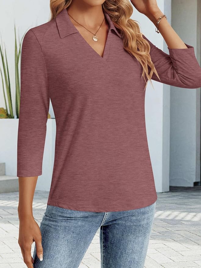3/4 Length Sleeve Womens Tops Dressy Casual V Neck Polo Shirts Business Work Blouses 2025 Trendy Tunic Top