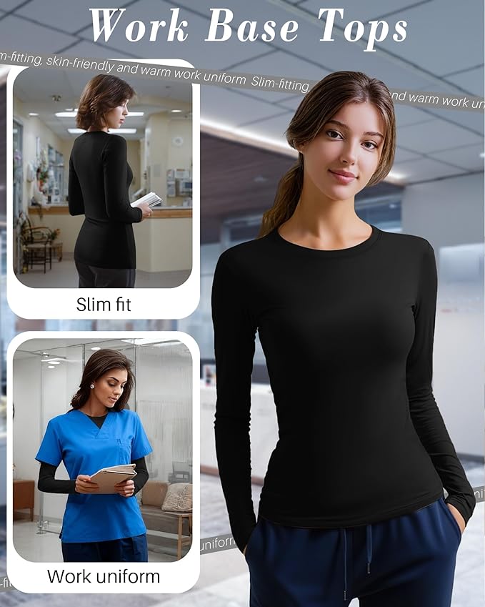 4 Pack Women's Underscrub Shirts Nurse Undershirts Long Sleeve Crewneck Slim Fit Tops Soft Stretchy Basic Tee