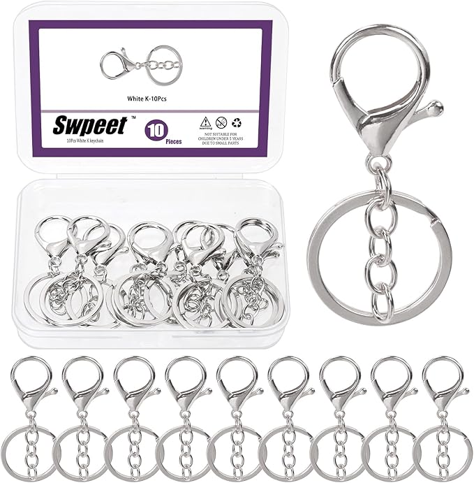 Swpeet 10Pcs Silver Lobster Claw Clasps with Key Chain and Flat Split Keychain Ring Assortment Kit, Swivel Clasps Hook Clips Swivel Snaps Hooks for Purse Strap Keychain DIY Crafts