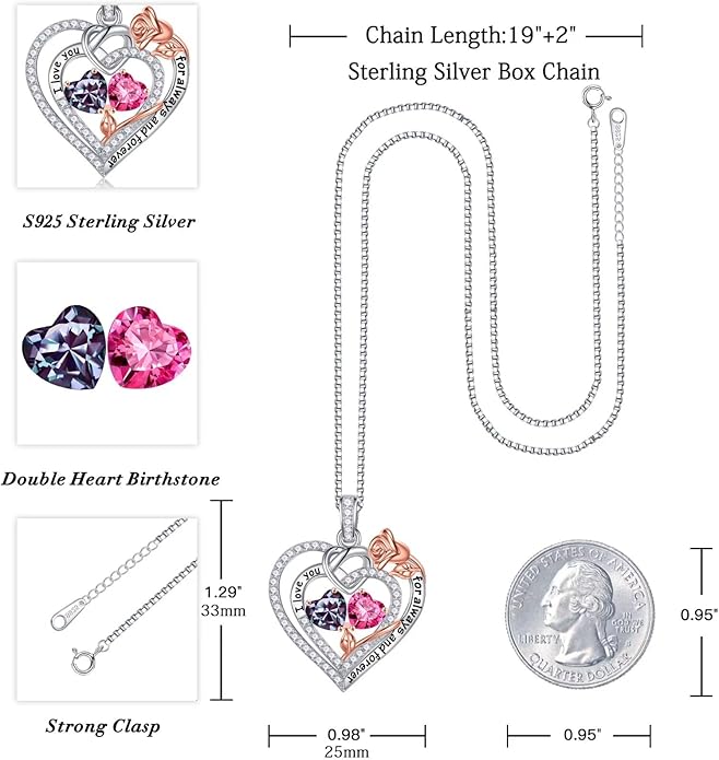 Iefil Valentines Day Gifts for Her - 925 Sterling Silver Double Birthstone Necklace, Anniversary Birthday Gifts for Women, Jewelry Gift for Wife Girlfriend Mom Her