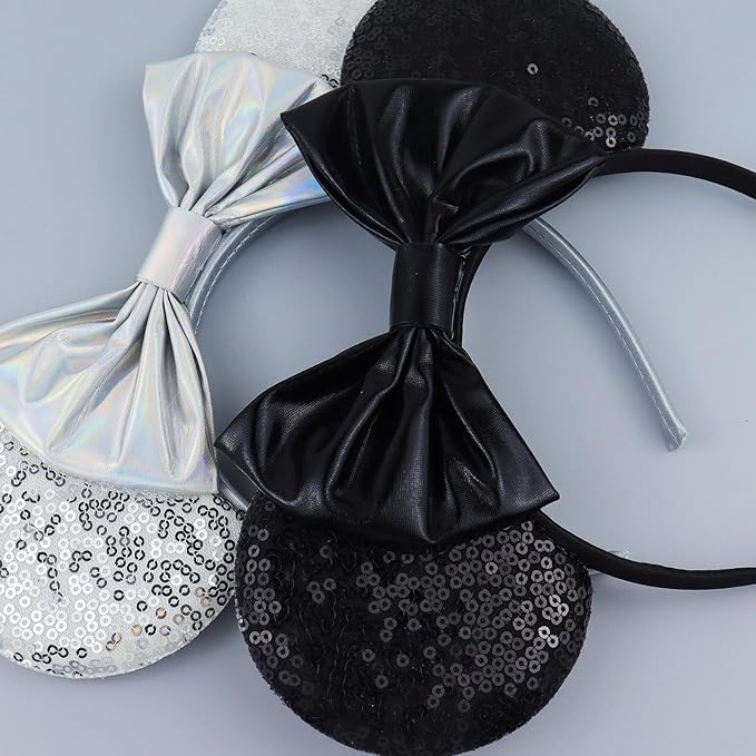 LIHELEI Mouse Ears Headband for Women, Black Headbands for Women Halloween Costume, Sequin Bows Headwear Hair Accessories-2pcs Silver+Black