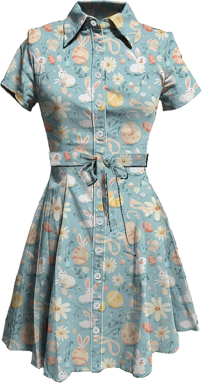 MARSVOVO Cute T Shirt Dress for Women Short Sleeve Button Up Tie Waist Elegant Casual Collared Smocked Midi Dress