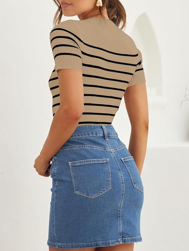 ZESICA Women's Short Sleeve Crewneck Striped T Shirt 2026 Summer Ribbed Knit Slim Fit Casual Basic Tee Tops