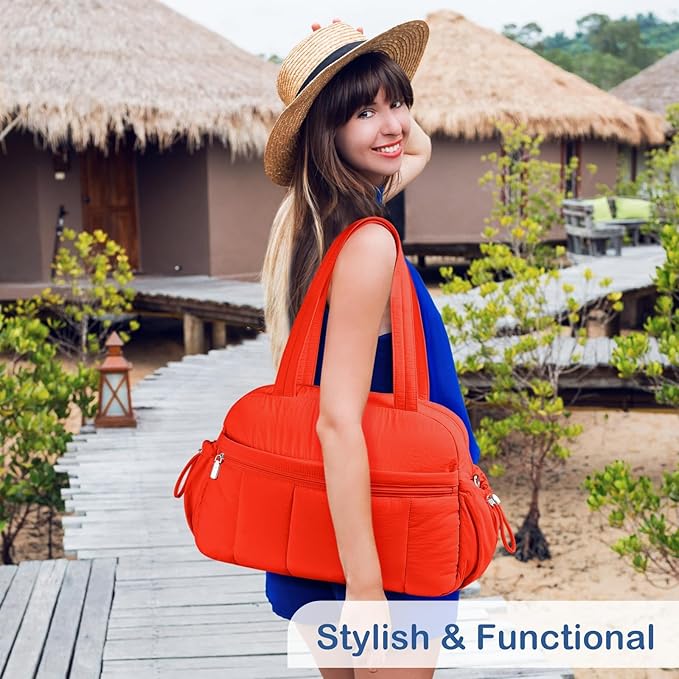 TOPDesign Travel Duffel Bag for Women, Puffer Gym Bag Sports Tote with Wet Pocket, Carry On Weekender with Luggage Sleeve (Red Orange)