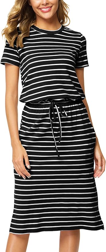 Simier Fariry Womens Spring Hide Belly Knee Length Travel Dress Pocket Summer Short Sleeve Midi Work Casual Outfits