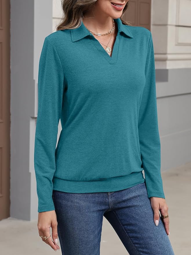 Womens Polo Shirts Long Sleeve Banded Bottom Tops Business Casual Tops Collared V Neck Blouses