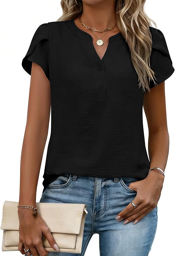 Zeagoo Womens Tops Dressy Casual Textured Blouses Cap Short Sleeve Shirts V Neck Button Up Summer Spring Work Tshirt Clothes