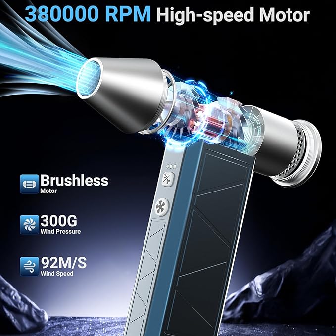 Compressed Air Duster, 380000RPM Powerful Electric Air Duster with LED Light, 4-Gear Rechargeable Mini Blower with Brushless Motor, Jet Dry Blower for Computer, Keyboard, Home, Car, Outdoor