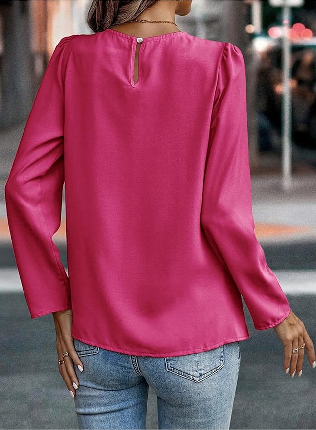 Samefar Womens Tops Dressy Casual Pleated Crew Neck Long Sleeve Shirts Office Work Chiffon Blouses