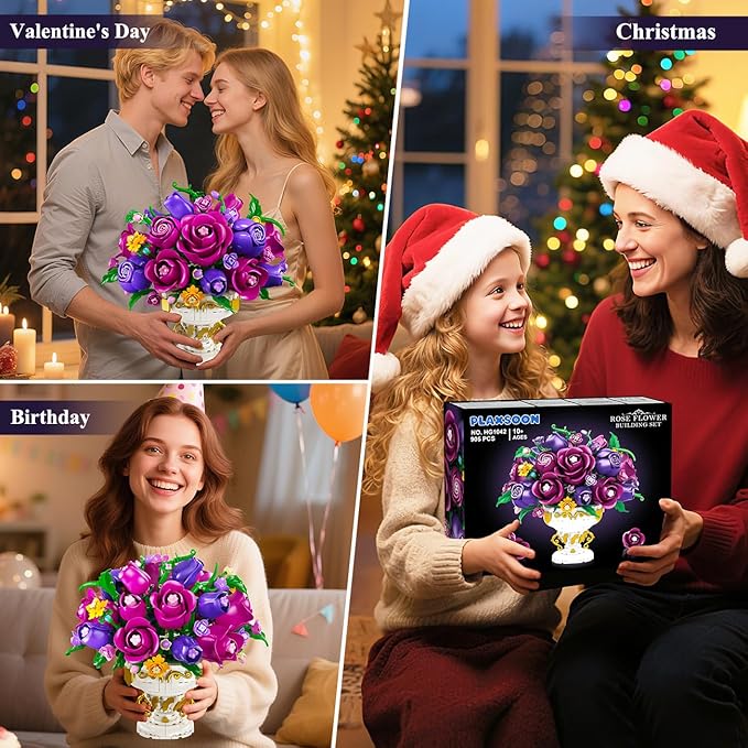 PLAXSOON Purple Rose Flower Building Set with Vase, 969 PCS Botanicals Flowers Bouquet Building Block Kit, 18 Roses Bonsai Collection Home Decor, Valentine's Day Gift for Adults Women Boys Girls 12+