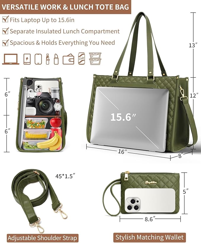 Lunch Tote Bag for Women, 15.6 Inch Laptop Work Bag with Insulated Lunch Box Compartment & Purse Large Capacity Quilted Computer Handbag for Office Business Work Nurse Teacher Travel Casual