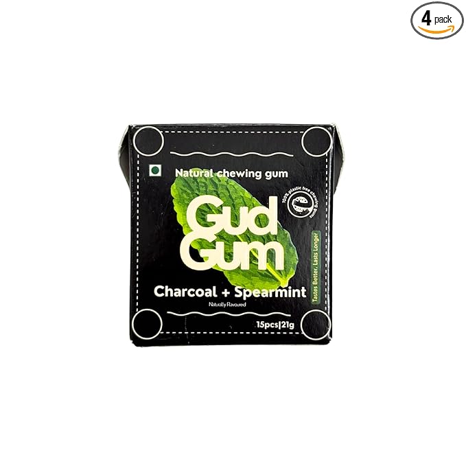 GUDGUM Natural & Sugar-Free Chewing Gum – Plastic-Free, Biodegradable, Vegan (Pack of 4, Charcoal Spearmint)