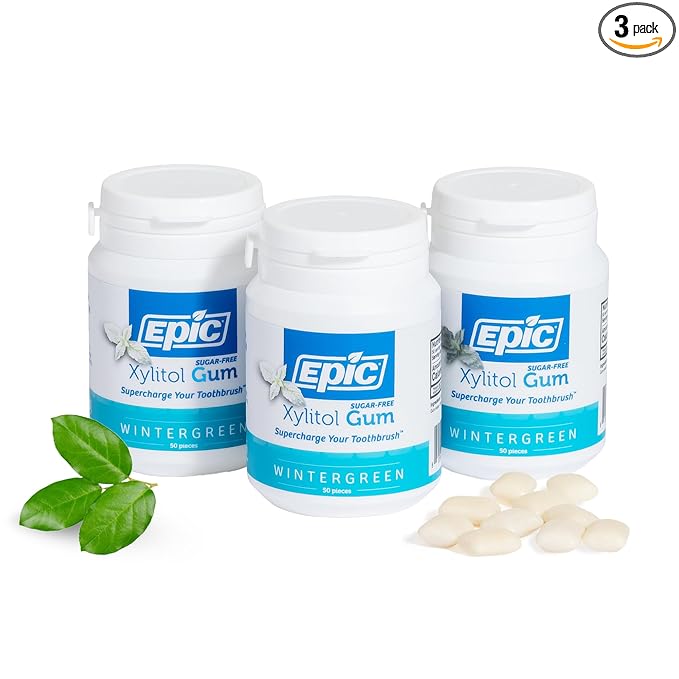 Epic 100% Xylitol Wintergreen Chewing Gum - Sugar Free, Aspartame Free Dental Gum - Supports Oral Health & Fresh Breath - 50 Pieces (Pack of 3)