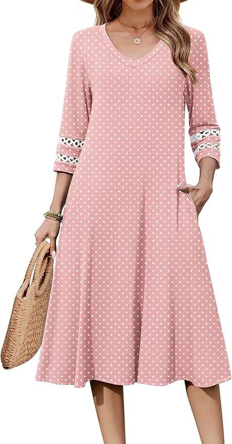 Zeagoo Women's Dresses 3/4 Sleeve Summer Casual V-Neck A Line Flowy Eyelet Midi Dress for Women Beach Vacation Sundress
