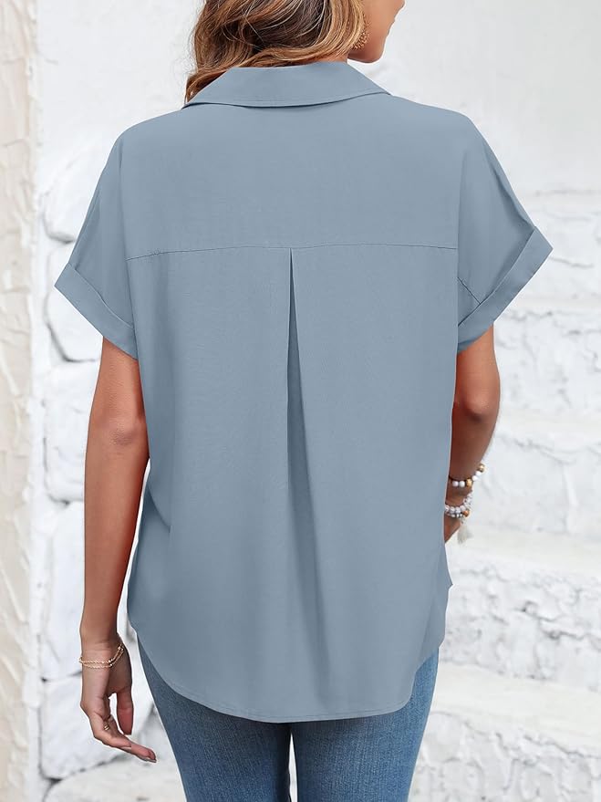 Womens Button Down Shirt Casual Short Sleeve Collared Work Blouse with Pocket