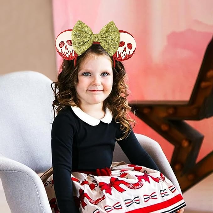 Seamoy Sequin Mouse Ears Headband,Halloween Mice Ears Hairband, Halloween Park ears Princess, Sparkle Ghost Mouse Ears Hair Accessory(Ponision Apple Red)
