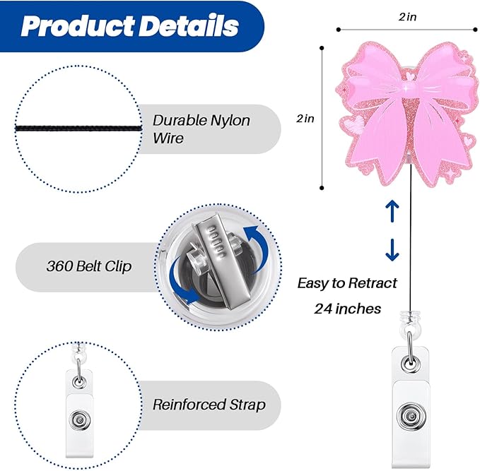 Pink Bow Heart Badge Reel, Cute Retractable ID Card Badge Holder, Name Tag Work Badge Clip for ICU RN LPN CNA MA ER Night Shift Nurse Nursing Student Pediatric Doctor Librarian Teacher, Nurse Gifts