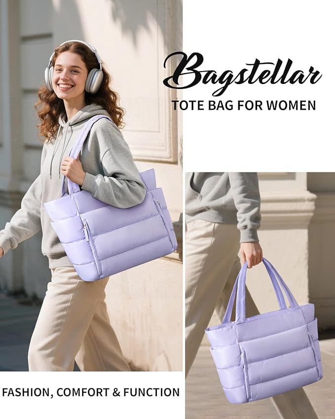 Puffer Tote Bag for Women, Lightweight Puffy Work Handbag Teacher Nurse Quilted Shoulder Bag for School Travel Gym | Quilted, with Zipper, Daily Carry On Bags, Comfy College Bags, 15.6" Laptop Sleeve, Cup Holder Pocket, Portable, Spacious