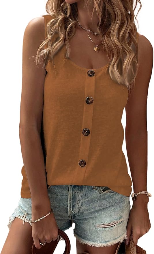 SHEWIN Womens Tank Tops Solid Button Crewneck Sleeveless Summer Tops Loose Fit