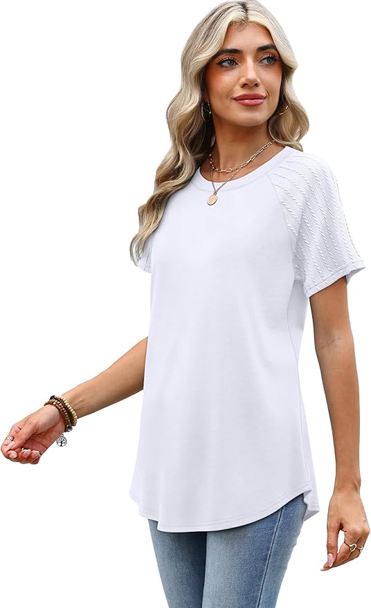 WIHOLL Summer Tops for Women 2026 Trendy Short Sleeve Shirts Crew Neck Tops Curved Hem Fashion Clothing