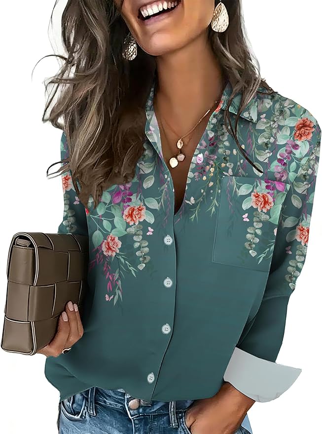 HOTOUCH Button Down Shirts for Women Long Sleeve Blouse Dressy Casual Business Work Tops with Pocket